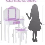 Toeletta per Bambini, Tavolo da Trucco da Principessa in Legno con Sgabello, Specchio a Tre Ante, Ampio Cassetto e Solide Gambe in Legno, Viola