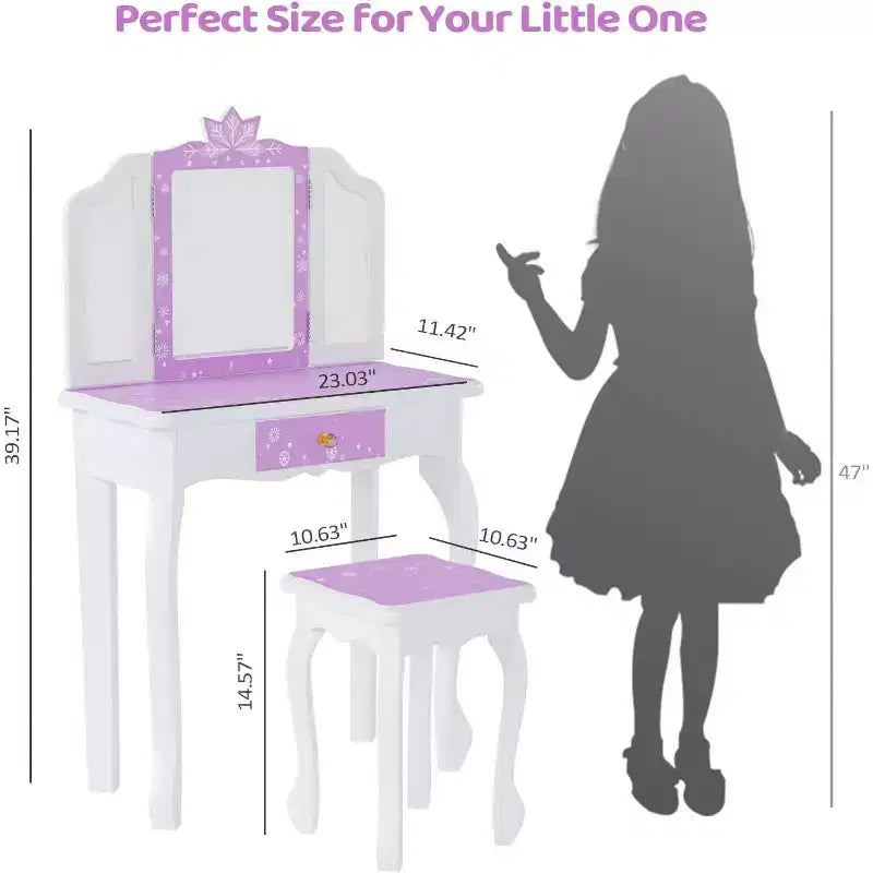Toeletta per Bambini, Tavolo da Trucco da Principessa in Legno con Sgabello, Specchio a Tre Ante, Ampio Cassetto e Solide Gambe in Legno, Viola