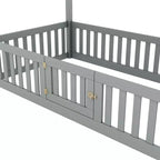 Letto a casetta a pavimento per bambini, letto Montessori in legno con recinzione e porta, letto a casetta completo con tetto per bambine e bambini