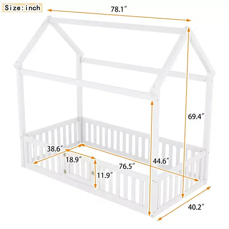 Letto a casetta a pavimento per bambini, letto Montessori in legno con recinzione e porta, letto a casetta completo con tetto per bambine e bambini