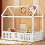 Letto a casetta a pavimento per bambini, letto Montessori in legno con recinzione e porta, letto a casetta completo con tetto per bambine e bambini