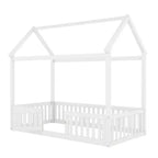 Letto a casetta a pavimento per bambini, letto Montessori in legno con recinzione e porta, letto a casetta completo con tetto per bambine e bambini