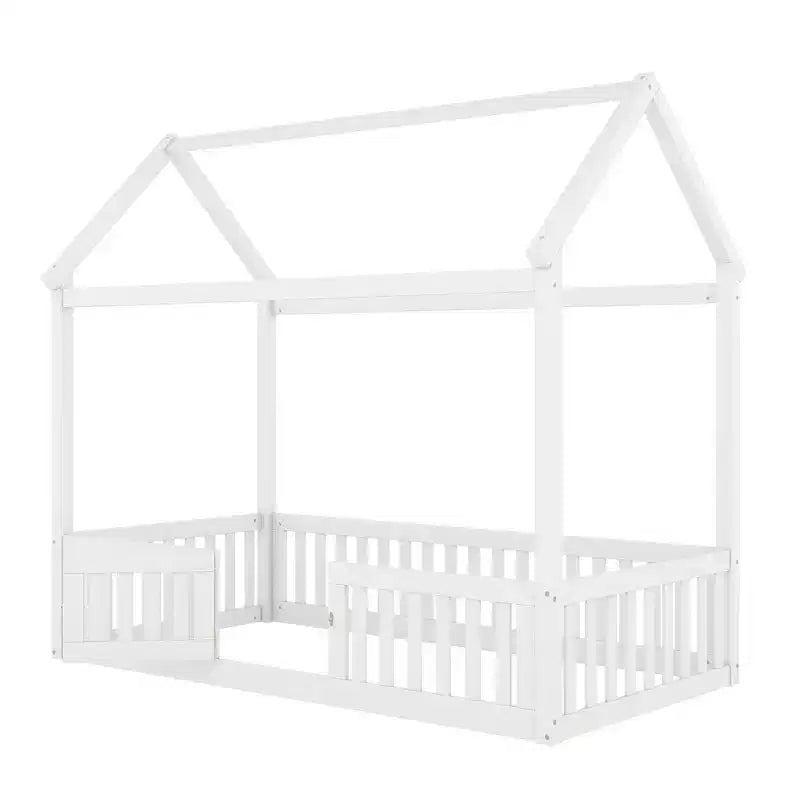 Letto a casetta a pavimento per bambini, letto Montessori in legno con recinzione e porta, letto a casetta completo con tetto per bambine e bambini