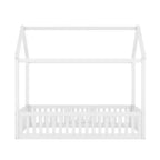 Letto a casetta a pavimento per bambini, letto Montessori in legno con recinzione e porta, letto a casetta completo con tetto per bambine e bambini