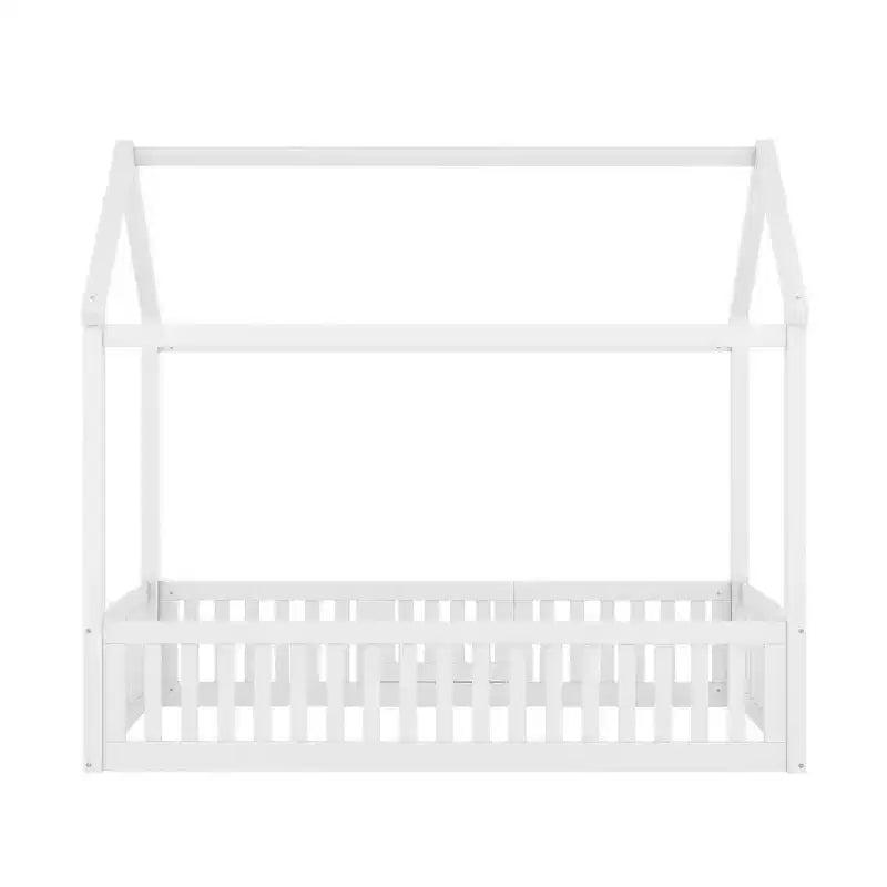 Letto a casetta a pavimento per bambini, letto Montessori in legno con recinzione e porta, letto a casetta completo con tetto per bambine e bambini