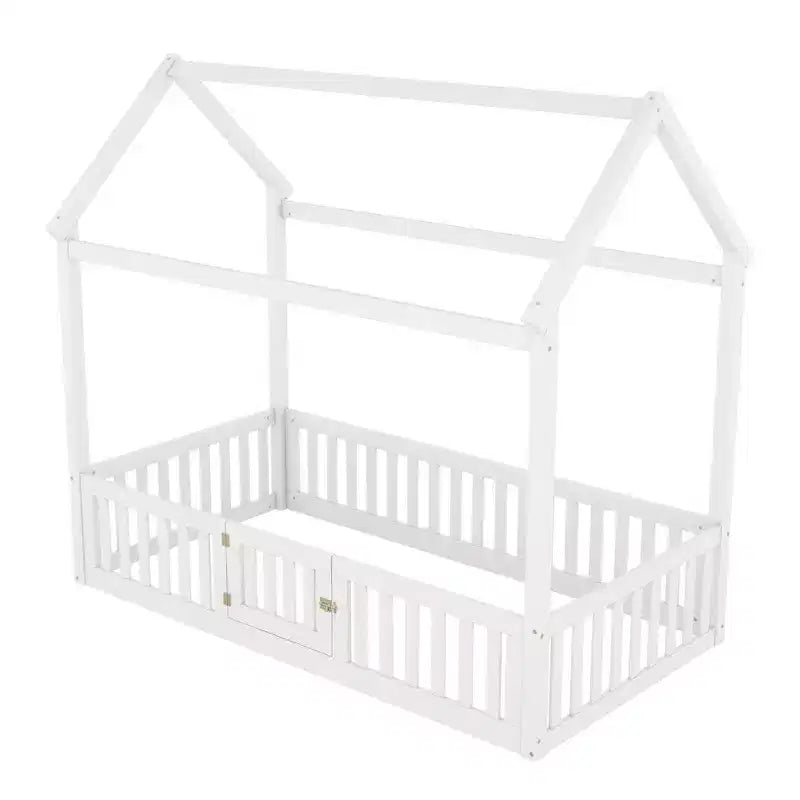 Letto a casetta a pavimento per bambini, letto Montessori in legno con recinzione e porta, letto a casetta completo con tetto per bambine e bambini