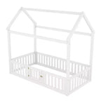 Letto a casetta a pavimento per bambini, letto Montessori in legno con recinzione e porta, letto a casetta completo con tetto per bambine e bambini