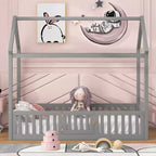 Letto a casetta a pavimento per bambini, letto Montessori in legno con recinzione e porta, letto a casetta completo con tetto per bambine e bambini