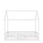 Letto a casetta a pavimento per bambini, letto Montessori in legno con recinzione e porta, letto a casetta completo con tetto per bambine e bambini