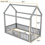 Letto a casetta a pavimento per bambini, letto Montessori in legno con recinzione e porta, letto a casetta completo con tetto per bambine e bambini
