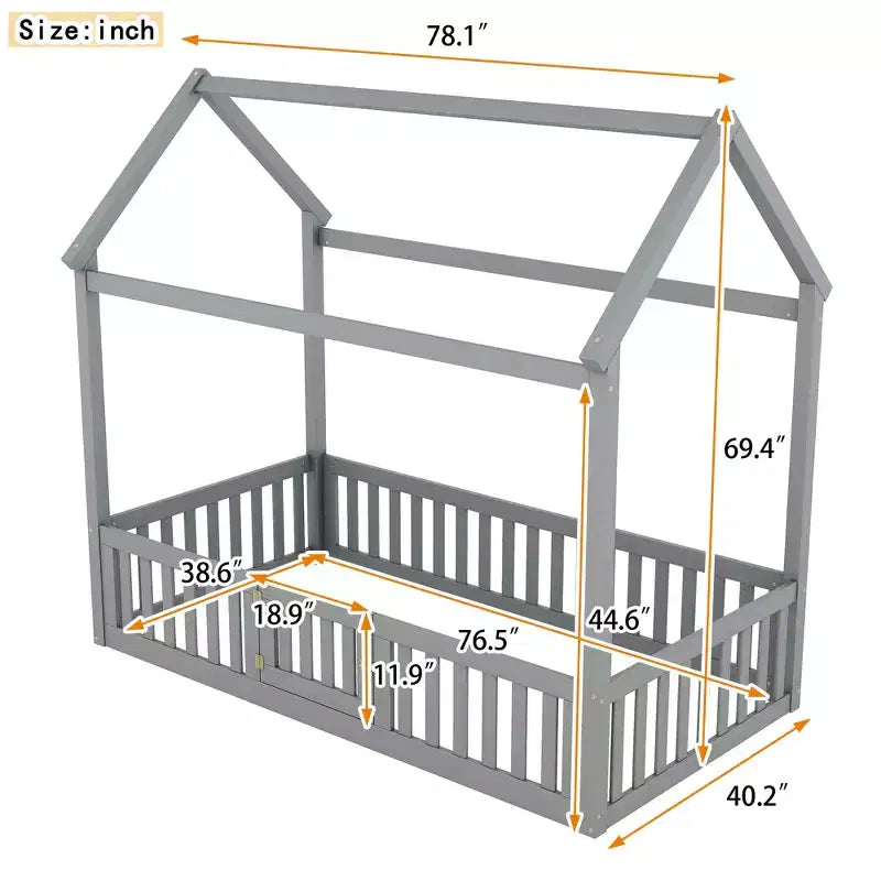 Letto a casetta a pavimento per bambini, letto Montessori in legno con recinzione e porta, letto a casetta completo con tetto per bambine e bambini
