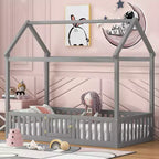 Letto a casetta a pavimento per bambini, letto Montessori in legno con recinzione e porta, letto a casetta completo con tetto per bambine e bambini