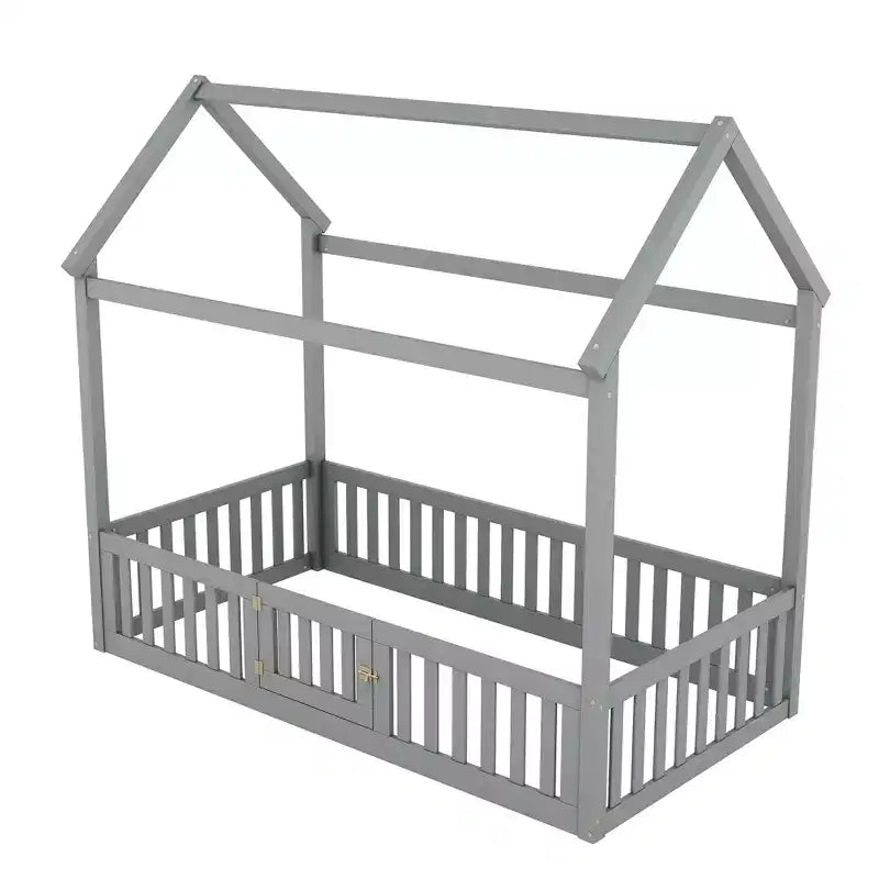 Letto a casetta a pavimento per bambini, letto Montessori in legno con recinzione e porta, letto a casetta completo con tetto per bambine e bambini