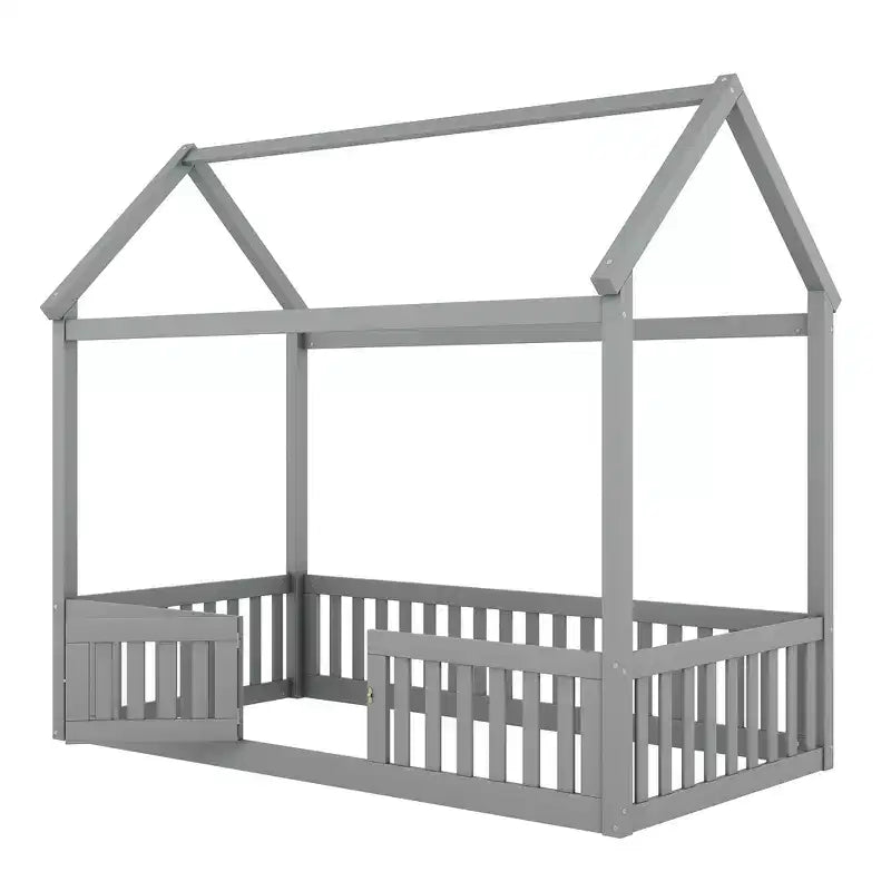 Letto a casetta a pavimento per bambini, letto Montessori in legno con recinzione e porta, letto a casetta completo con tetto per bambine e bambini