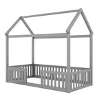 Letto a casetta a pavimento per bambini, letto Montessori in legno con recinzione e porta, letto a casetta completo con tetto per bambine e bambini