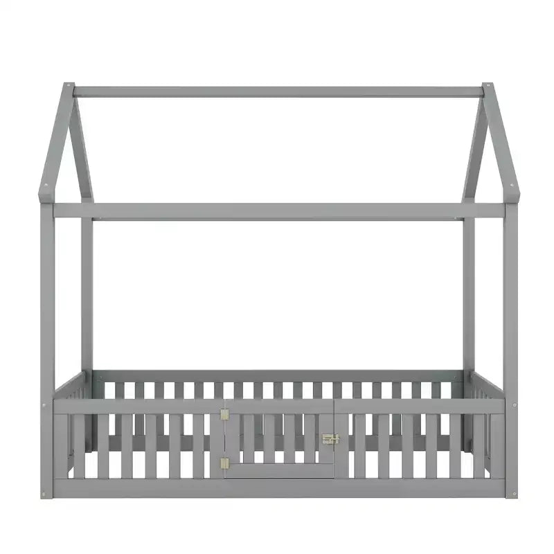 Letto a casetta a pavimento per bambini, letto Montessori in legno con recinzione e porta, letto a casetta completo con tetto per bambine e bambini