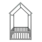 Letto a casetta a pavimento per bambini, letto Montessori in legno con recinzione e porta, letto a casetta completo con tetto per bambine e bambini