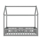 Letto a casetta a pavimento per bambini, letto Montessori in legno con recinzione e porta, letto a casetta completo con tetto per bambine e bambini