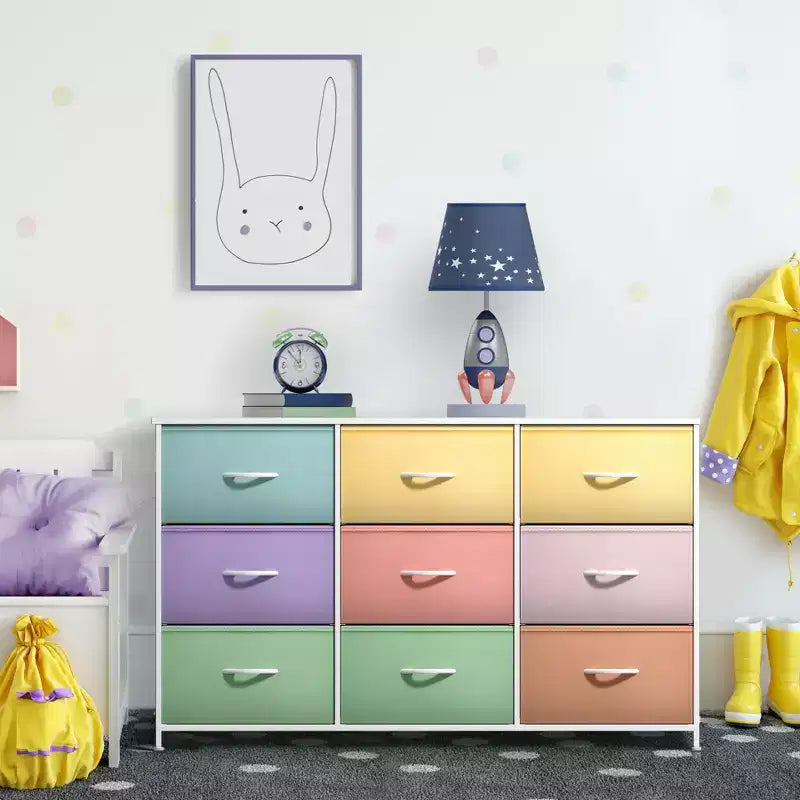 Cassettiera a 9 Cassetti - Unità Contenitore con Struttura in Acciaio, Piano in Legno, Cassetti in Tessuto - per Camera da Letto, Armadio, Ufficio e altro ancora