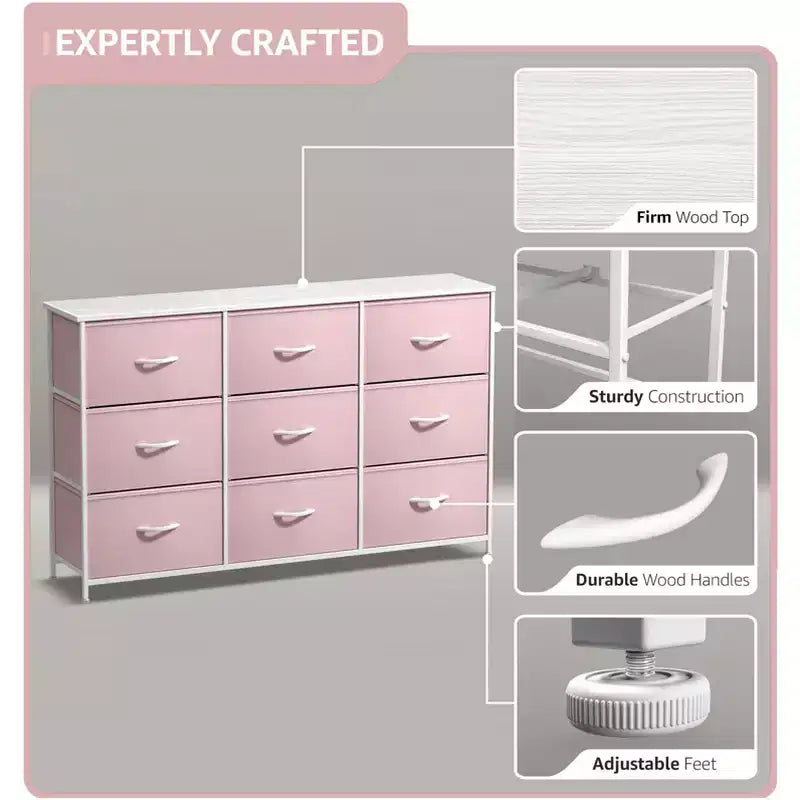 Cassettiera a 9 Cassetti - Unità Contenitore con Struttura in Acciaio, Piano in Legno, Cassetti in Tessuto - per Camera da Letto, Armadio, Ufficio e altro ancora