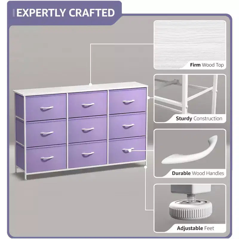 Cassettiera a 9 Cassetti - Unità Contenitore con Struttura in Acciaio, Piano in Legno, Cassetti in Tessuto - per Camera da Letto, Armadio, Ufficio e altro ancora