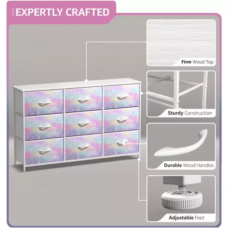 Cassettiera a 9 Cassetti - Unità Contenitore con Struttura in Acciaio, Piano in Legno, Cassetti in Tessuto - per Camera da Letto, Armadio, Ufficio e altro ancora