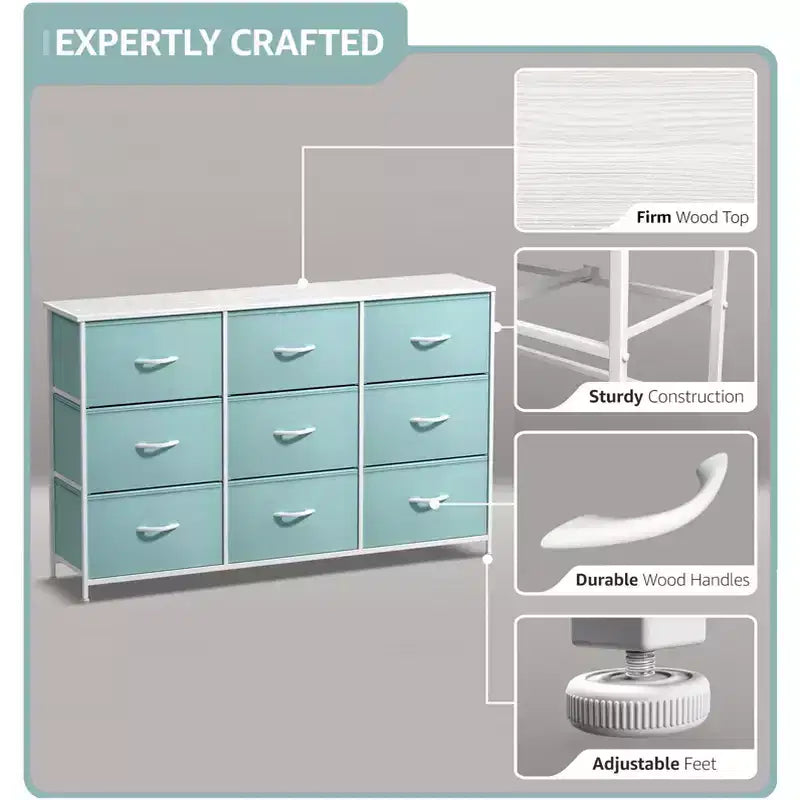 Cassettiera a 9 Cassetti - Unità Contenitore con Struttura in Acciaio, Piano in Legno, Cassetti in Tessuto - per Camera da Letto, Armadio, Ufficio e altro ancora