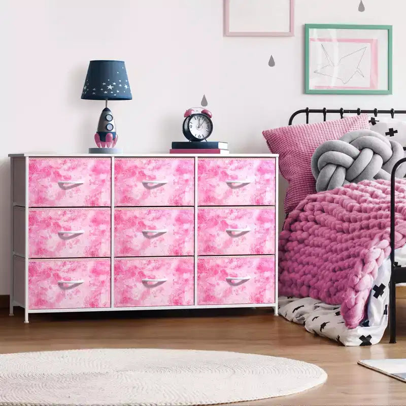 Cassettiera a 9 Cassetti - Unità Contenitore con Struttura in Acciaio, Piano in Legno, Cassetti in Tessuto - per Camera da Letto, Armadio, Ufficio e altro ancora