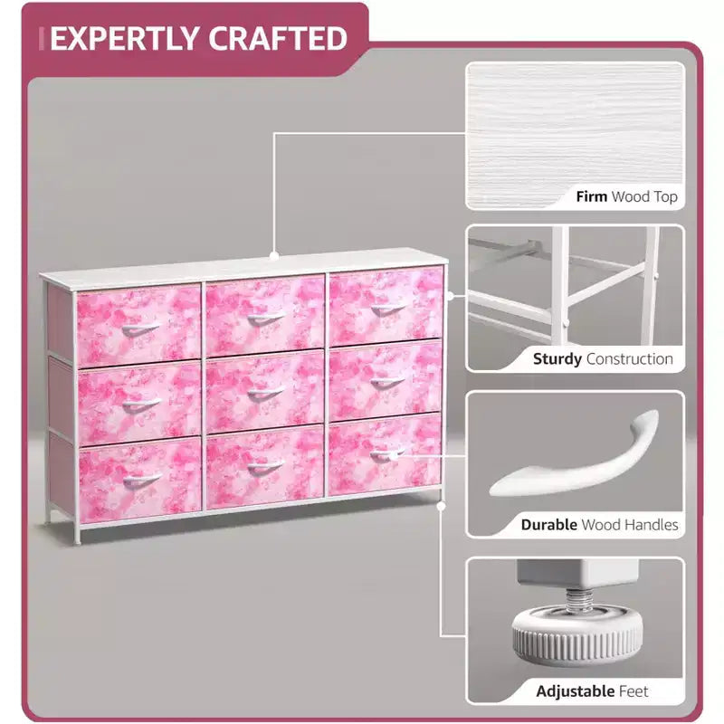 Cassettiera a 9 Cassetti - Unità Contenitore con Struttura in Acciaio, Piano in Legno, Cassetti in Tessuto - per Camera da Letto, Armadio, Ufficio e altro ancora