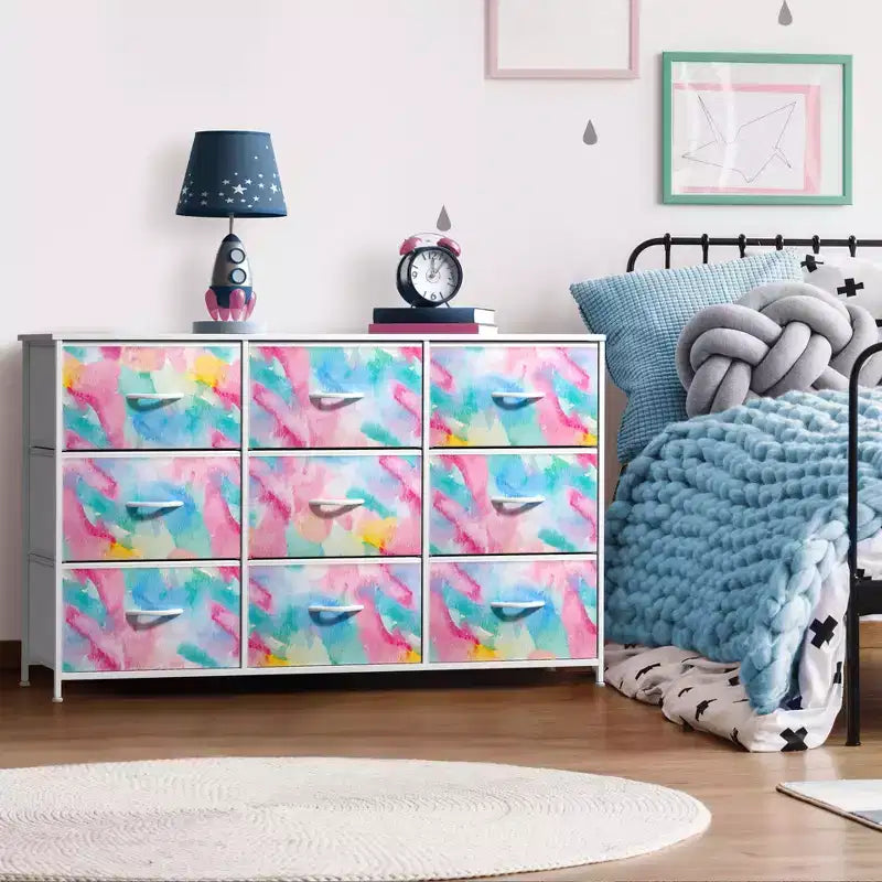 Cassettiera a 9 Cassetti - Unità Contenitore con Struttura in Acciaio, Piano in Legno, Cassetti in Tessuto - per Camera da Letto, Armadio, Ufficio e altro ancora
