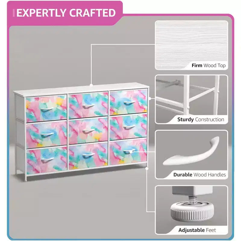 Cassettiera a 9 Cassetti - Unità Contenitore con Struttura in Acciaio, Piano in Legno, Cassetti in Tessuto - per Camera da Letto, Armadio, Ufficio e altro ancora