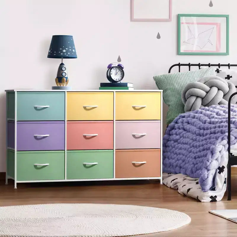 Cassettiera a 9 Cassetti - Unità Contenitore con Struttura in Acciaio, Piano in Legno, Cassetti in Tessuto - per Camera da Letto, Armadio, Ufficio e altro ancora