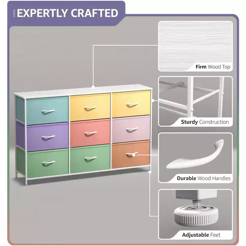 Cassettiera a 9 Cassetti - Unità Contenitore con Struttura in Acciaio, Piano in Legno, Cassetti in Tessuto - per Camera da Letto, Armadio, Ufficio e altro ancora