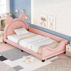 Twin Size Carton Daybed for Kids, PU Leather Daybed Frame with Ears Shaped Headboard and Rivet Decoration for Girls Boys, , Pink