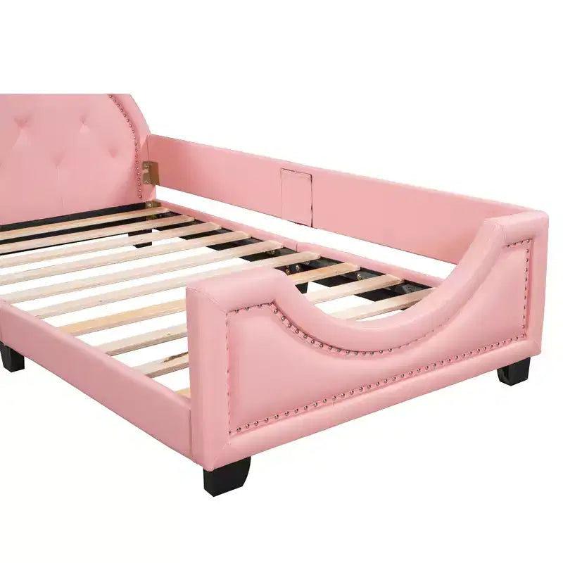 Divano Letto Singolo per Bambini, Struttura in Ecopelle con Testiera a Forma di Orecchie e Decorazioni Rivettate per Bambine e Bambini, Rosa