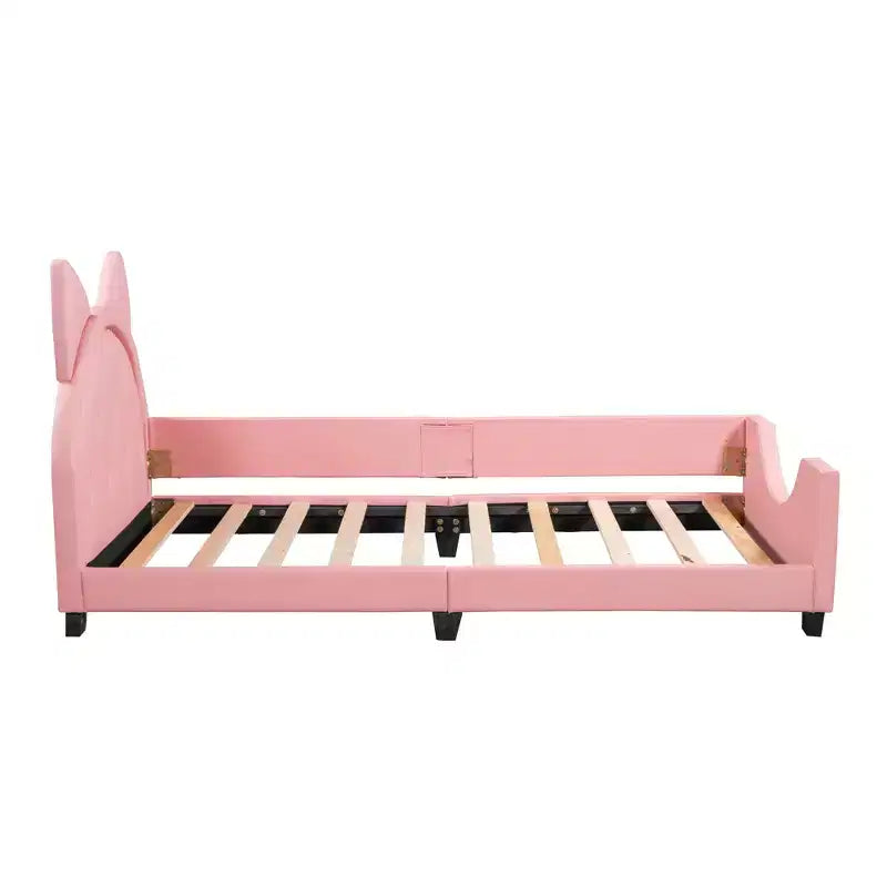 Divano Letto Singolo per Bambini, Struttura in Ecopelle con Testiera a Forma di Orecchie e Decorazioni Rivettate per Bambine e Bambini, Rosa
