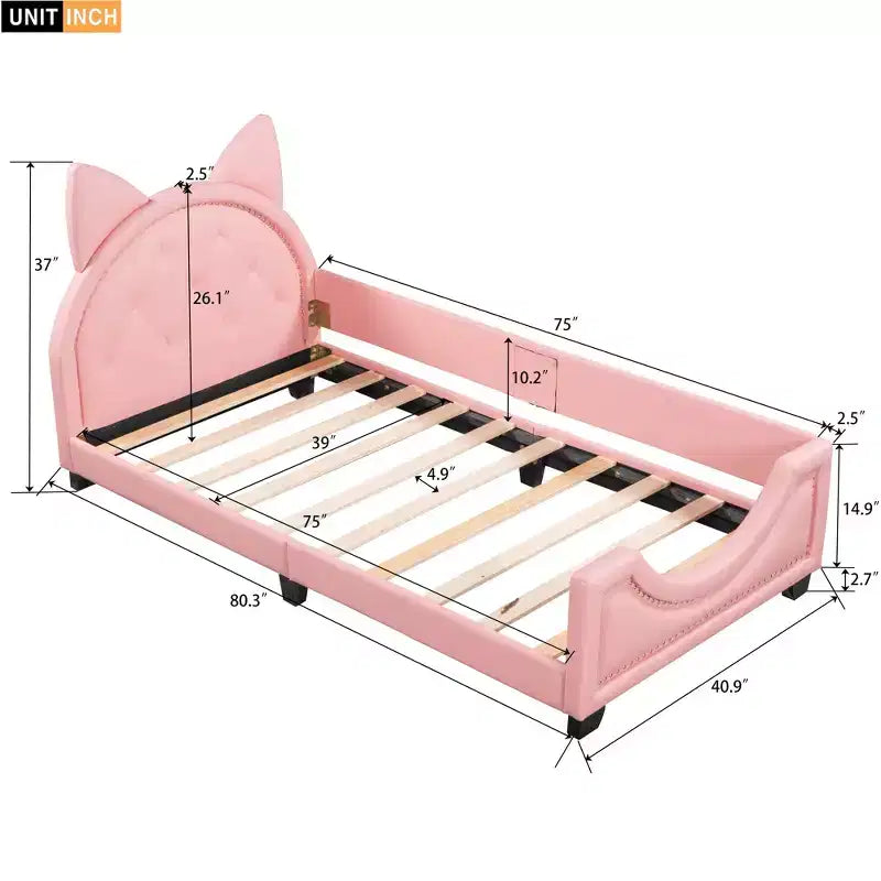 Divano Letto Singolo per Bambini, Struttura in Ecopelle con Testiera a Forma di Orecchie e Decorazioni Rivettate per Bambine e Bambini, Rosa