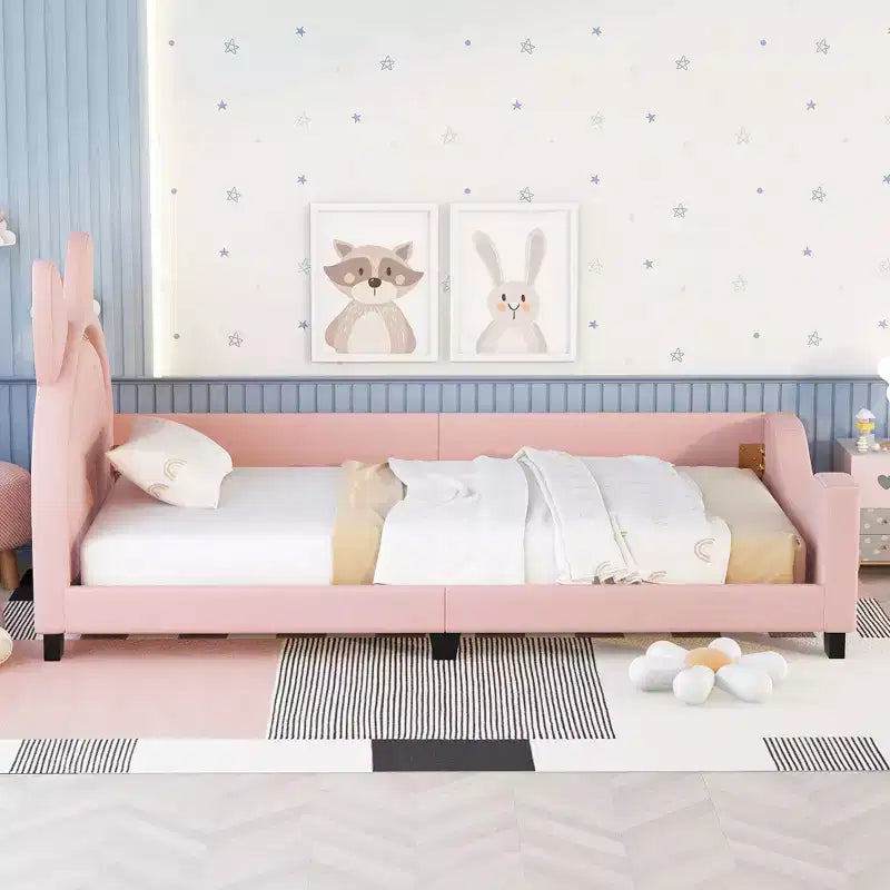 Divano Letto Singolo per Bambini, Struttura in Ecopelle con Testiera a Forma di Orecchie e Decorazioni Rivettate per Bambine e Bambini, Rosa