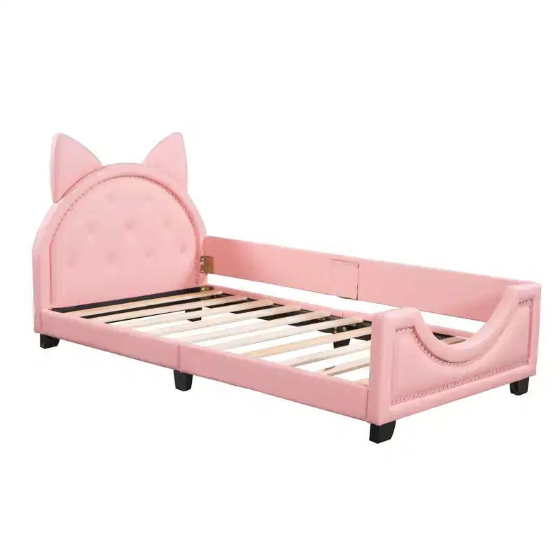 Divano Letto Singolo per Bambini, Struttura in Ecopelle con Testiera a Forma di Orecchie e Decorazioni Rivettate per Bambine e Bambini, Rosa