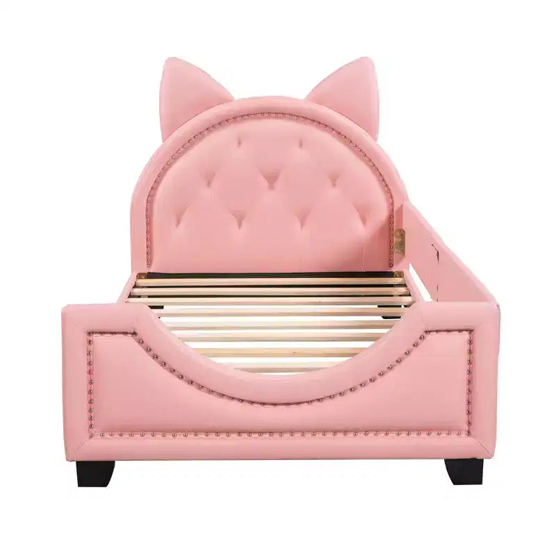 Divano Letto Singolo per Bambini, Struttura in Ecopelle con Testiera a Forma di Orecchie e Decorazioni Rivettate per Bambine e Bambini, Rosa