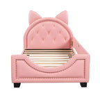 Divano Letto Singolo per Bambini, Struttura in Ecopelle con Testiera a Forma di Orecchie e Decorazioni Rivettate per Bambine e Bambini, Rosa