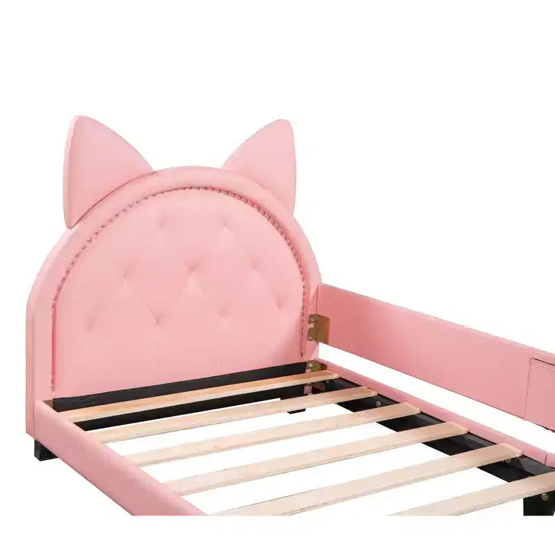 Divano Letto Singolo per Bambini, Struttura in Ecopelle con Testiera a Forma di Orecchie e Decorazioni Rivettate per Bambine e Bambini, Rosa
