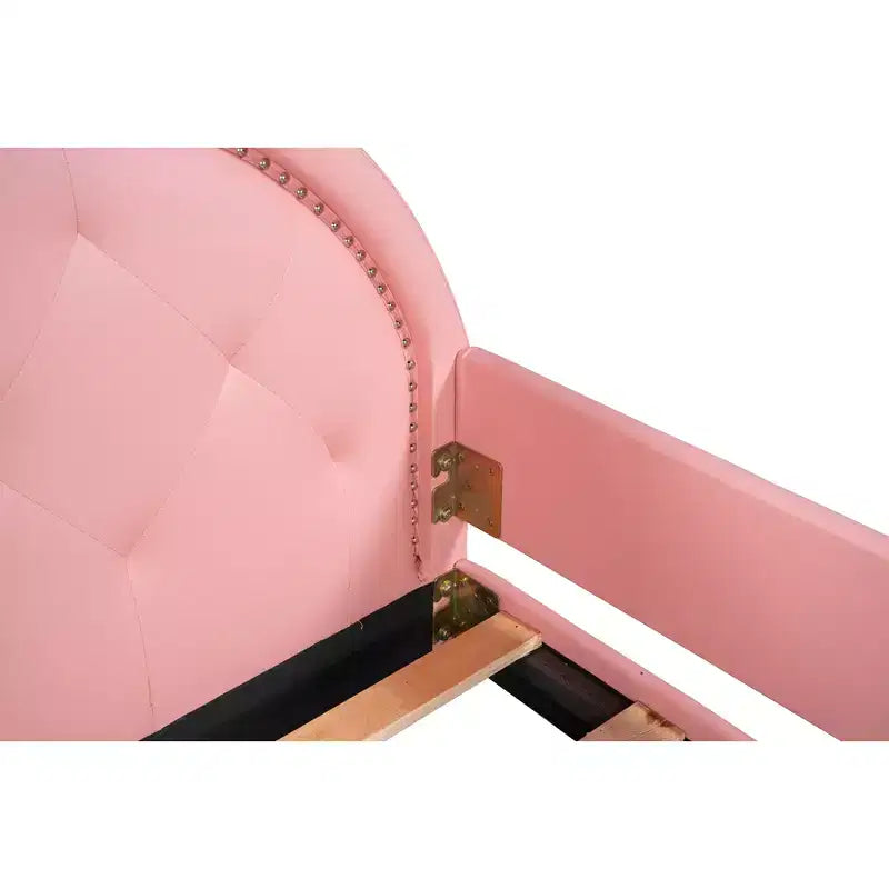 Divano Letto Singolo per Bambini, Struttura in Ecopelle con Testiera a Forma di Orecchie e Decorazioni Rivettate per Bambine e Bambini, Rosa