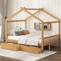 Full Wooden House Bed Frame with Two Storage Drawers, Platform with Roof Design Headboard and Footboard, for Girls Boys