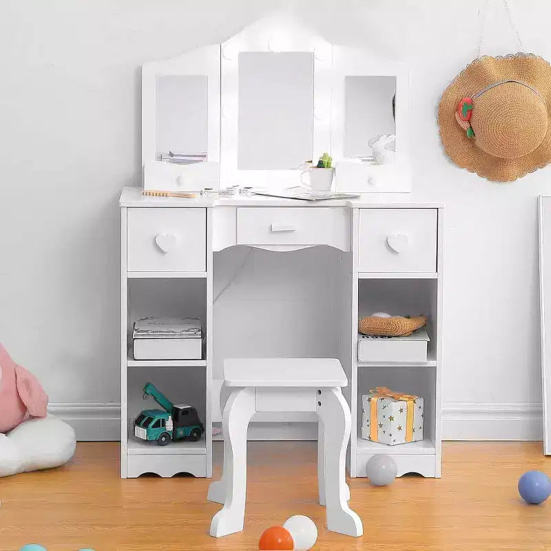 Toilette con specchio, tavolo da trucco per bambini 2-in-1 in legno con sgabello e cassetto