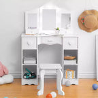 Toilette con specchio, tavolo da trucco per bambini 2-in-1 in legno con sgabello e cassetto