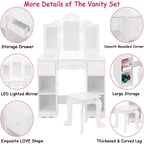 Toilette con specchio, tavolo da trucco per bambini 2-in-1 in legno con sgabello e cassetto