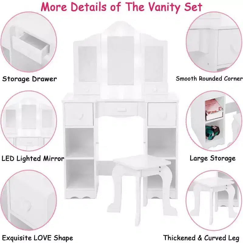 Toilette con specchio, tavolo da trucco per bambini 2-in-1 in legno con sgabello e cassetto
