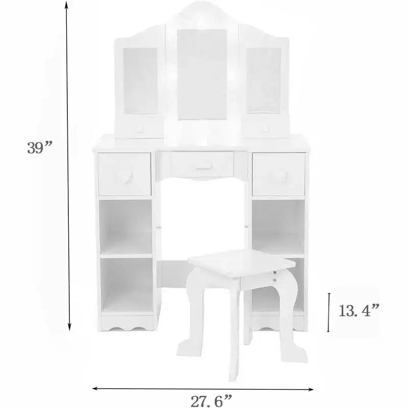 Toilette con specchio, tavolo da trucco per bambini 2-in-1 in legno con sgabello e cassetto