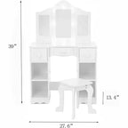 Toilette con specchio, tavolo da trucco per bambini 2-in-1 in legno con sgabello e cassetto